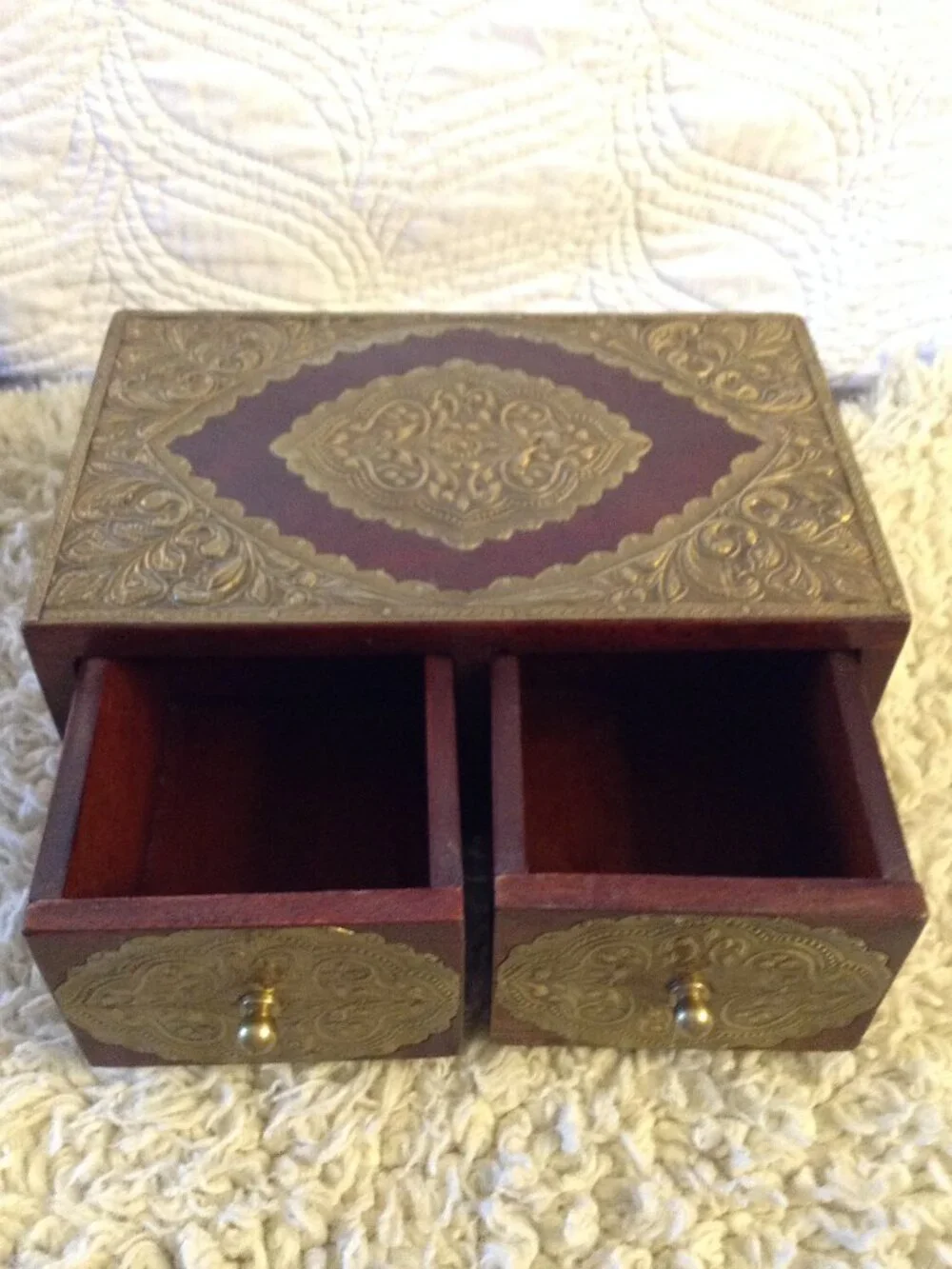 VTG '70-90's Jewelry Box wooden Boho Brass Embossed Embellishments 2 drawer